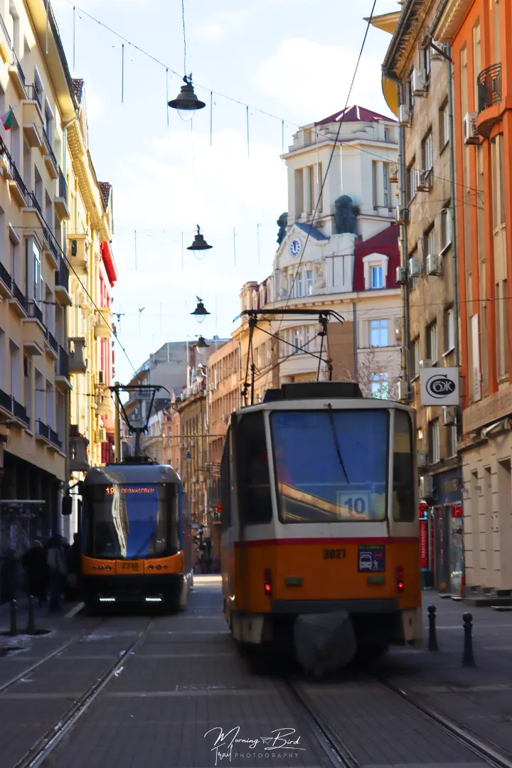 yellow trams, part of Sofia's public transport network, in the city centre, Bulgaria