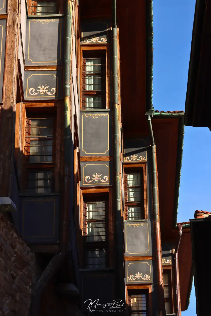 details of Plovdiv colourful traditional bulgarian houses in cobblestone streets - specifically the back of the Regional Ethnographic Museum Plovdiv