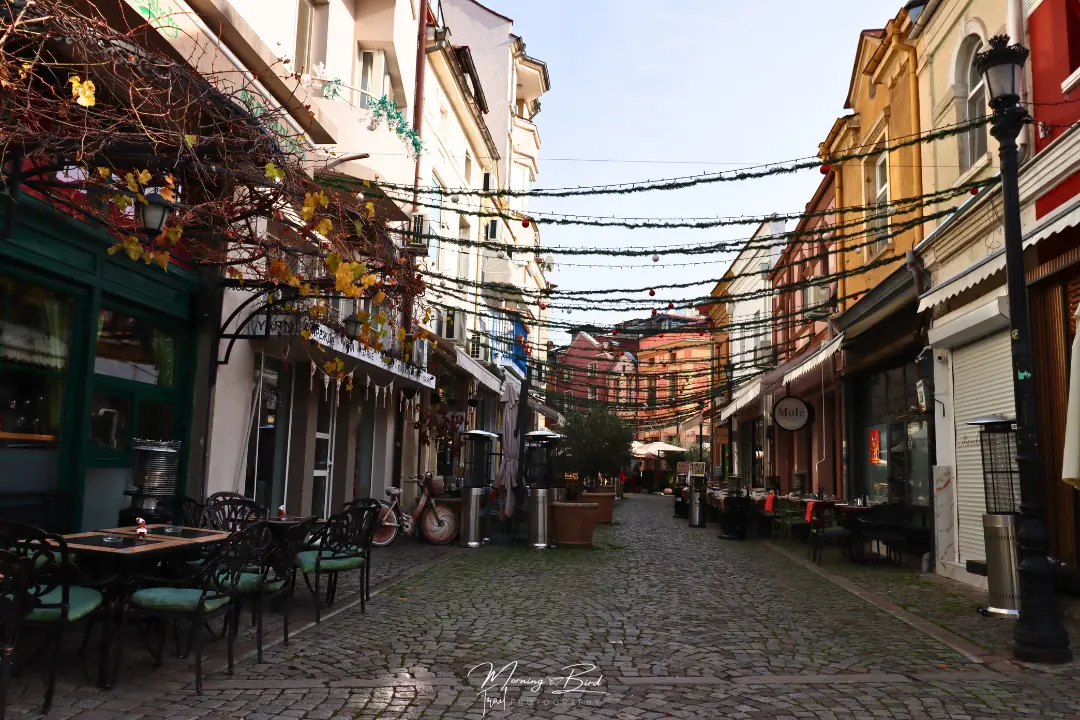 Plovdiv city center street, colourful and decorated with Christmas decorations