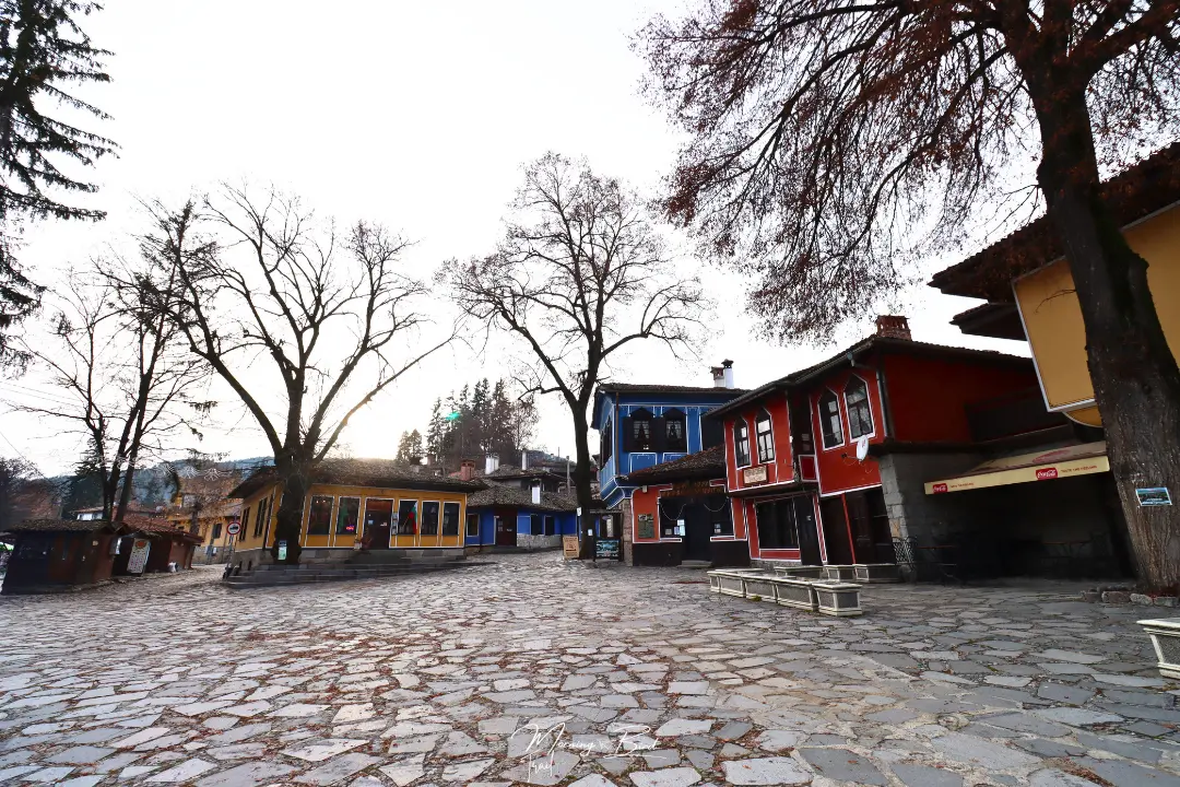 center of Koprivshtitsa Village with blue red and yellow traditional bulgarian houses, Bulgaria