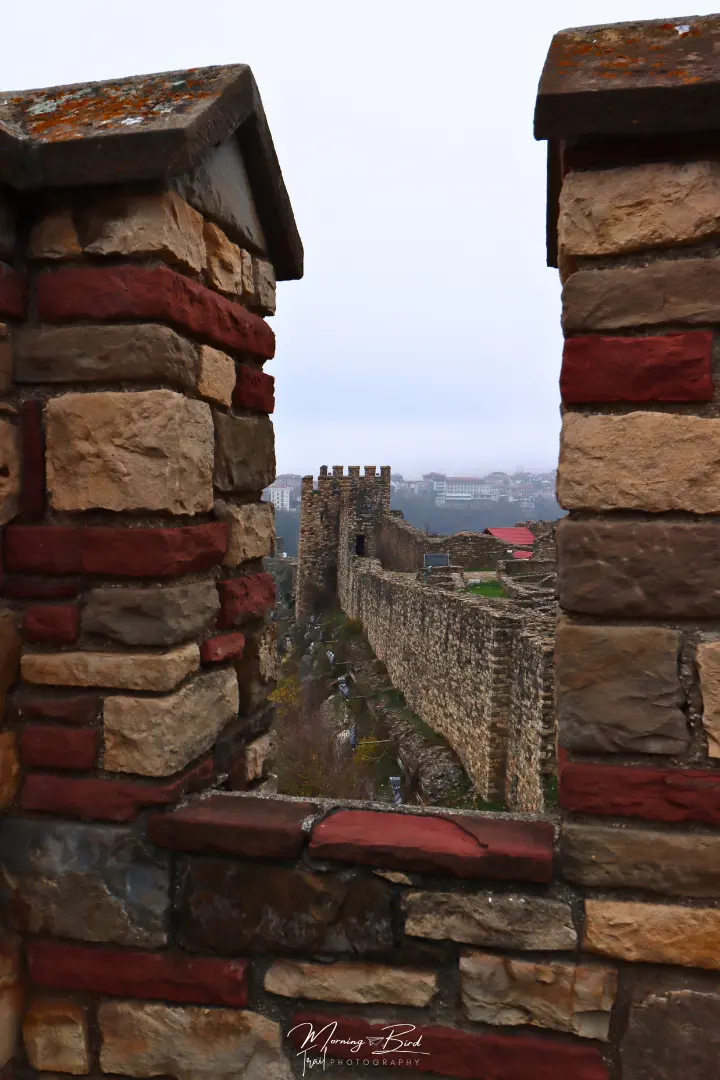 framed Tsarevets Fortress with red and yellow bricks of the same wall