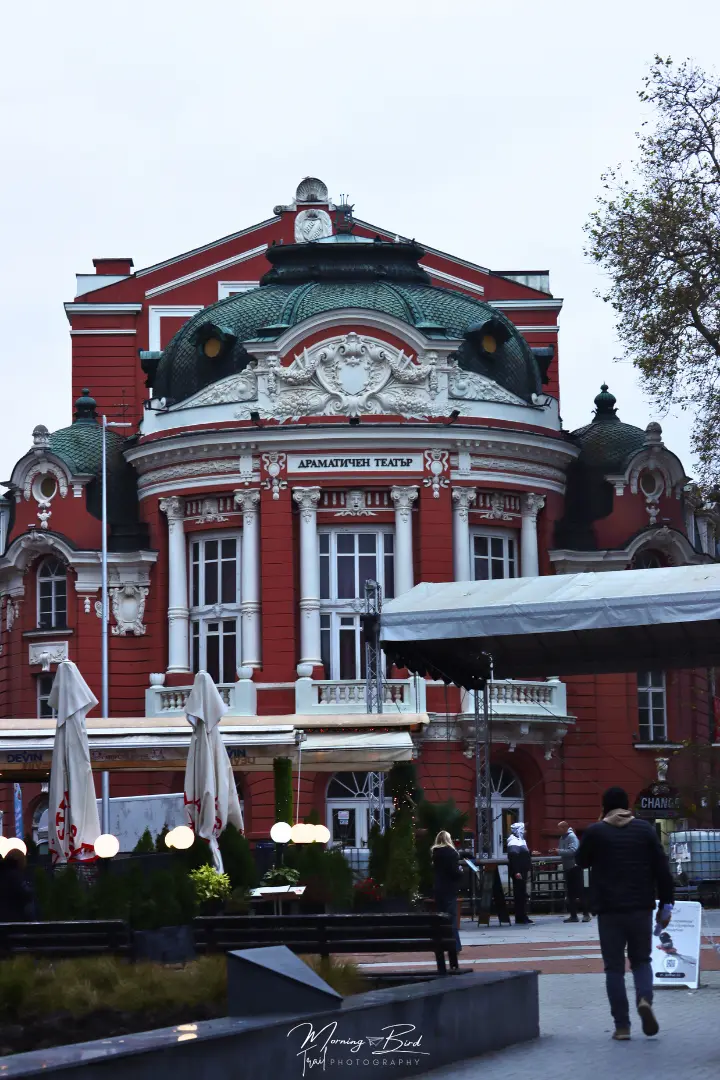 Varna opera house with beautiful red walls and blue-green roof