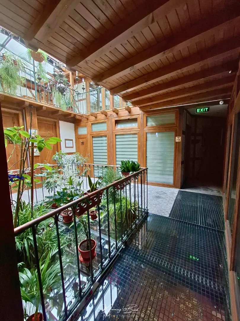 Interior of the Guest house Diabora-Veliko Tarnovo - interior balcony over an interior garden and a roof ceiling