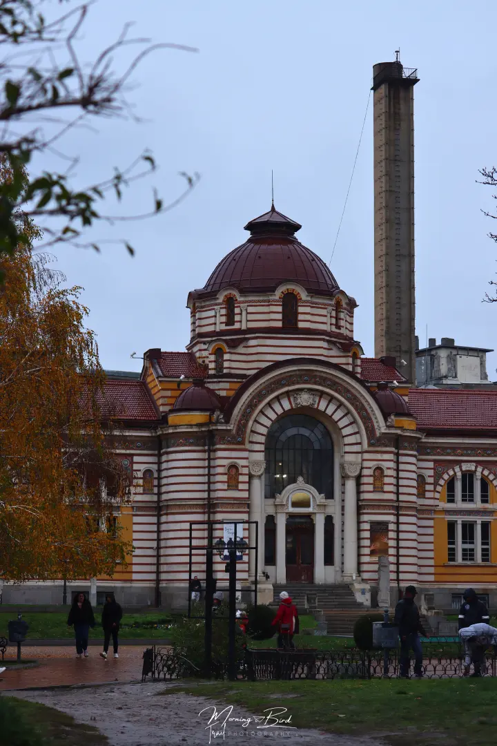 Regional History Museum of Sofia: A yellow building with a red roof and white and red lines in the main door.