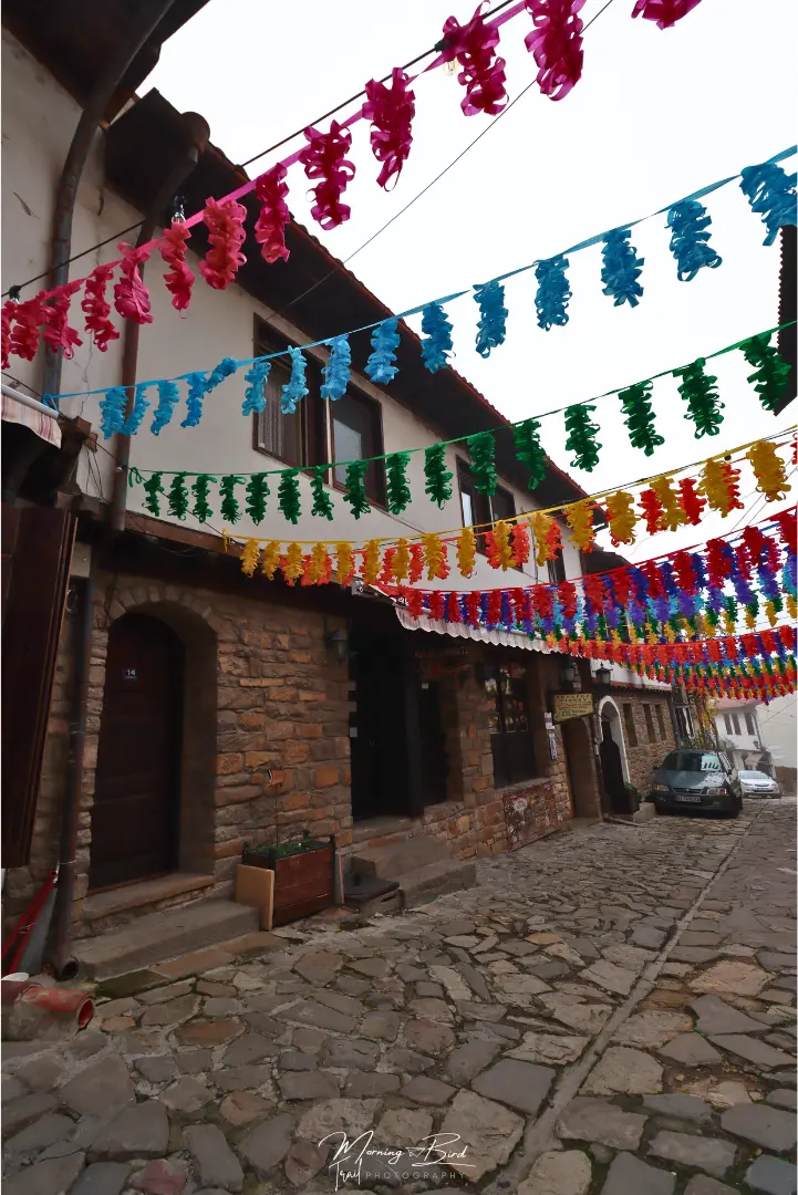 Cobblestone streets with traditional bulgarian houses in Veliko Tarnovo, Bulgaria, decorated with colourful plastic lines
